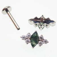 Body Clickers Moss Agate and CZ implant titanium earrings, 18g, 16g, 14g, internally threaded flatback piercing jewelry