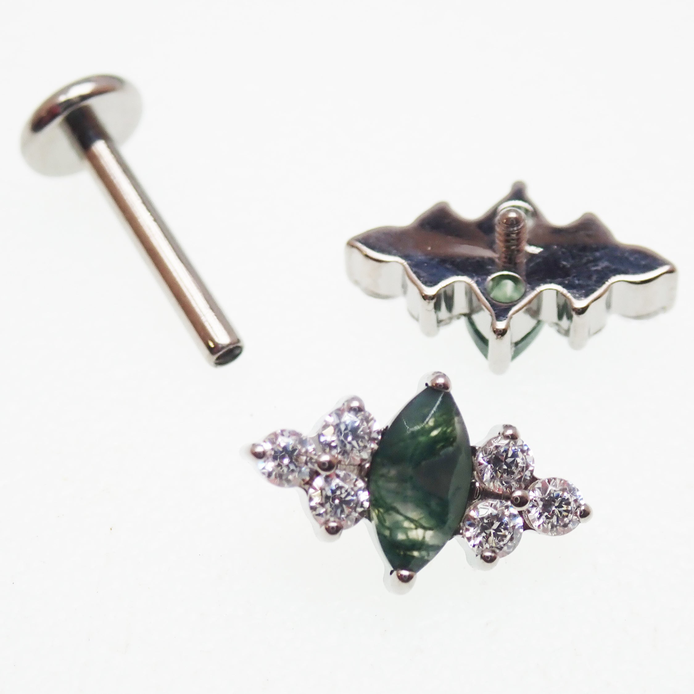 Body Clickers Moss Agate and CZ implant titanium earrings, 18g, 16g, 14g, internally threaded flatback piercing jewelry