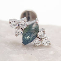 Moss agate and CZ implant titanium earrings, 18g, 16g, 14g, internally threaded flatback piercing for body jewelry.