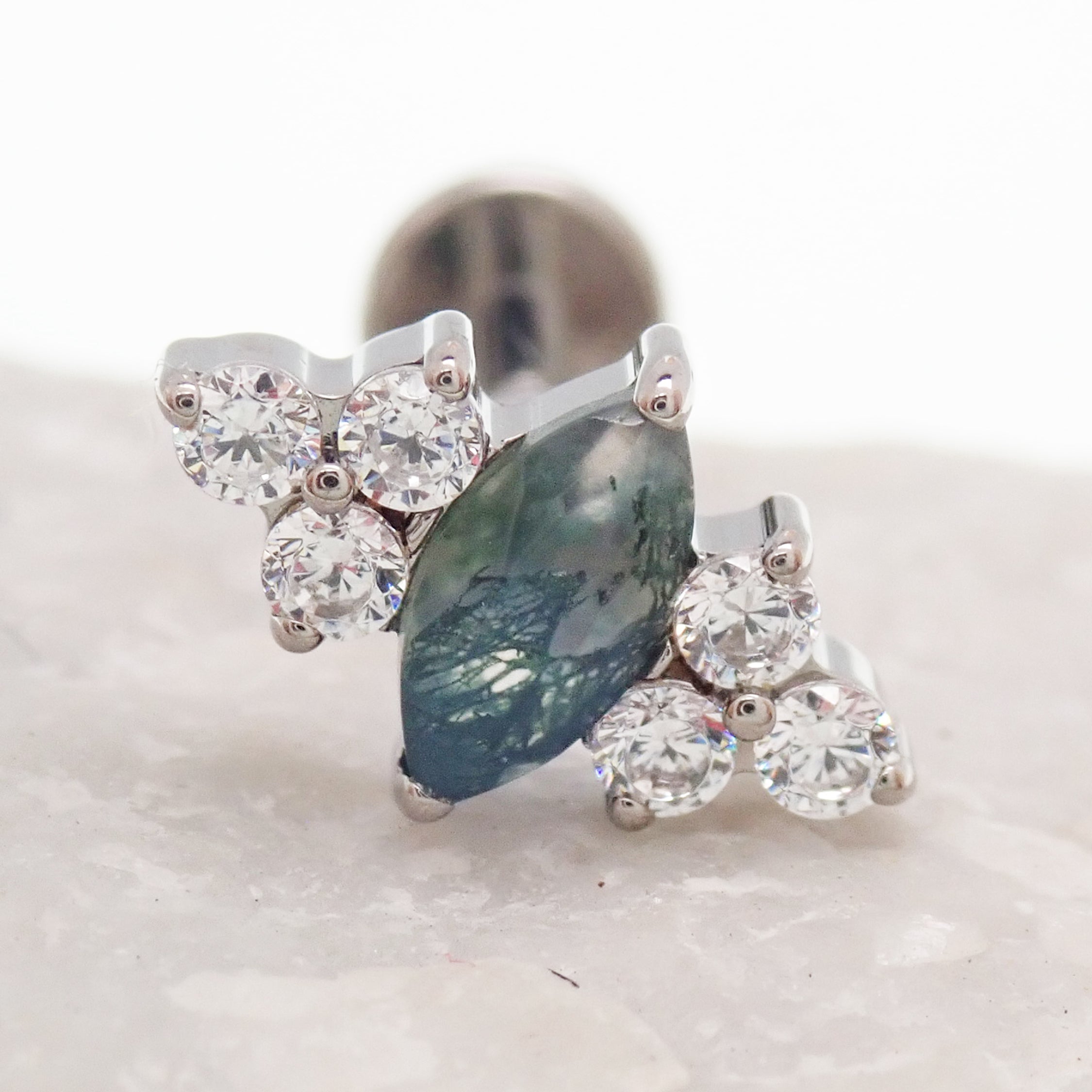 Moss agate and CZ implant titanium earrings, 18g, 16g, 14g, internally threaded flatback piercing for body jewelry.
