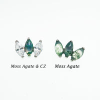 Moss Agate Arch Cluster Titanium Flatback Labret Piercing in 14g, 16g, and 18g with natural stone and metal setting.