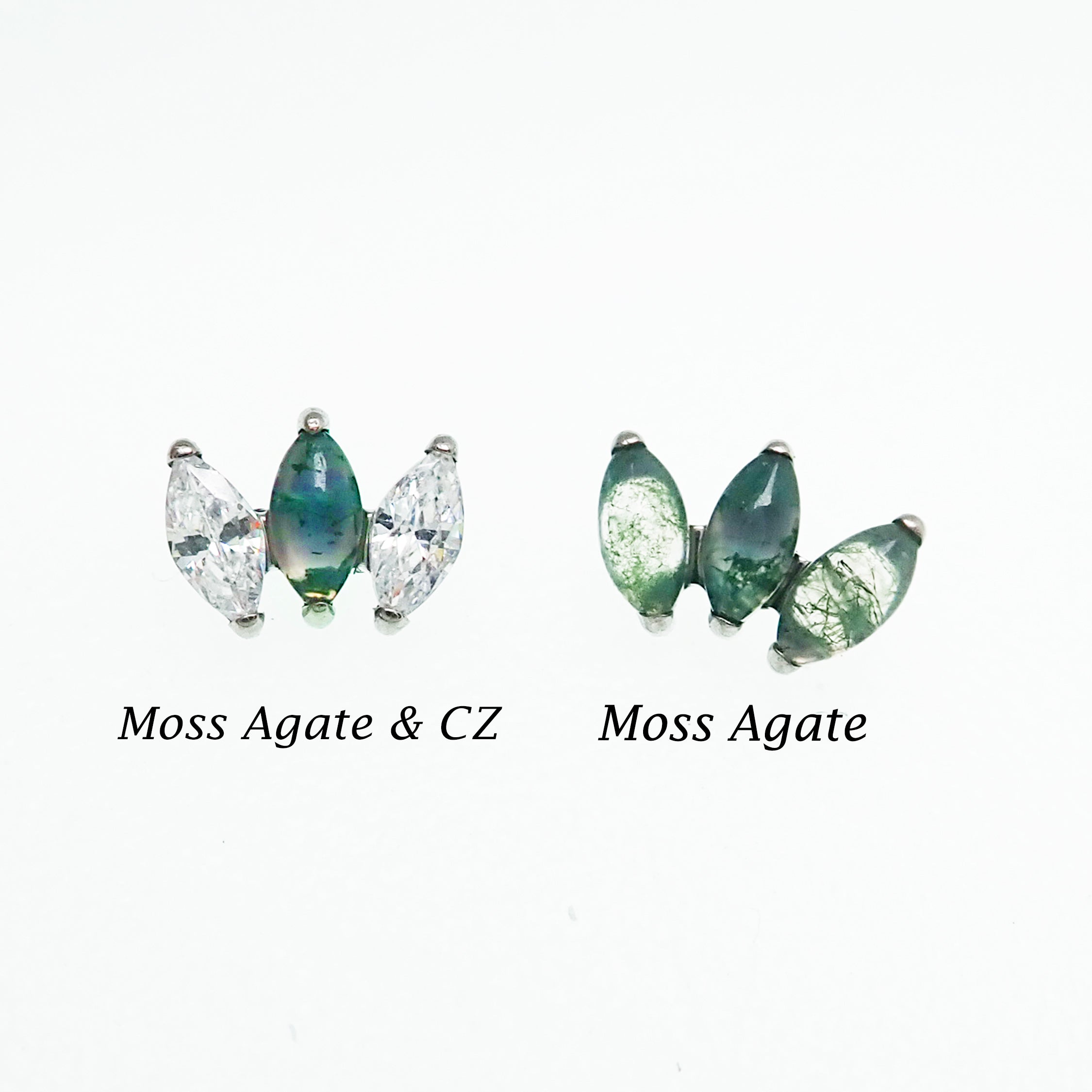 Moss Agate Arch Cluster Titanium Flatback Labret Piercing in 14g, 16g, and 18g with natural stone and metal setting.