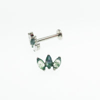Moss Agate Arch Cluster titanium flatback labret piercing earrings in 14g, 16g, 18g with gemstone design and metal setting.