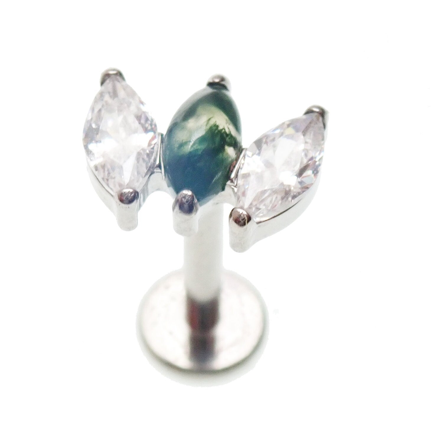 Moss Agate Arch Cluster titanium flatback labret piercing earrings in 14g, 16g, 18g with natural stone and silver-tone finish