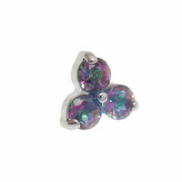 Body Clickers earrings with mystic topaz natural stone flower design in titanium, available in 14g, 16g, and 18g labret piercing sizes.
