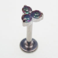 Mystic Topaz natural stone flower titanium flatback labret piercing earrings in 14g, 16g, and 18g sizes.