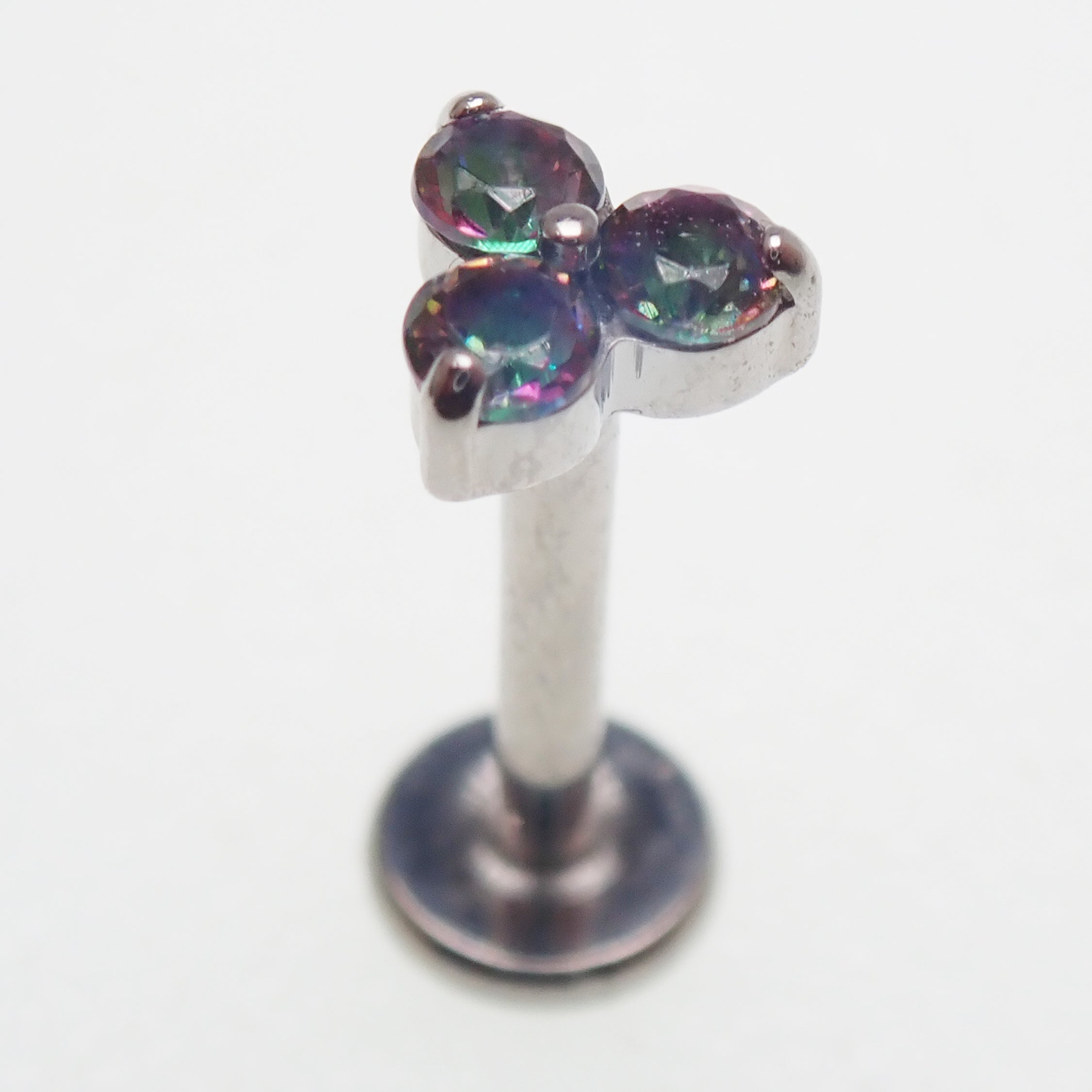 Mystic Topaz natural stone flower titanium flatback labret piercing earrings in 14g, 16g, and 18g sizes.
