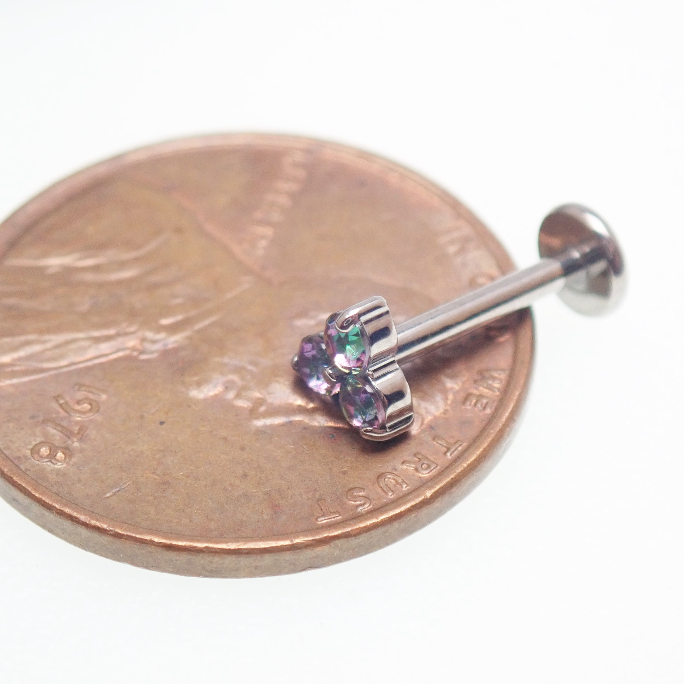 Body Clickers earrings with Mystic Topaz natural stone flower design in titanium flatback labret piercing, available in 14g, 16g, 18g.