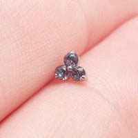 Body Clickers earrings with Mystic Topaz natural stone flower design, titanium flatback labret piercing in 14g, 16g, and 18g sizes.