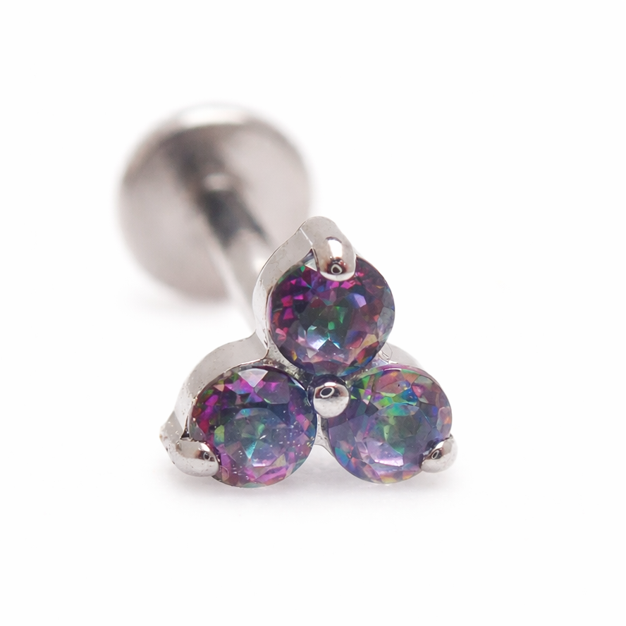 Body Clickers Mystic Topaz flower titanium earrings in 14g, 16g, and 18g with flatback labret piercing design.