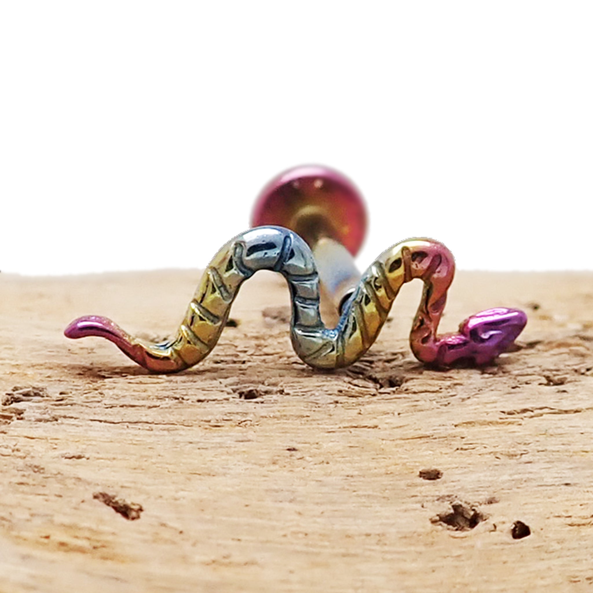 Rainbow-anodized small snake titanium earrings in 14g, 16g, and 18g with a sleek snake design, perfect for piercing jewelry.