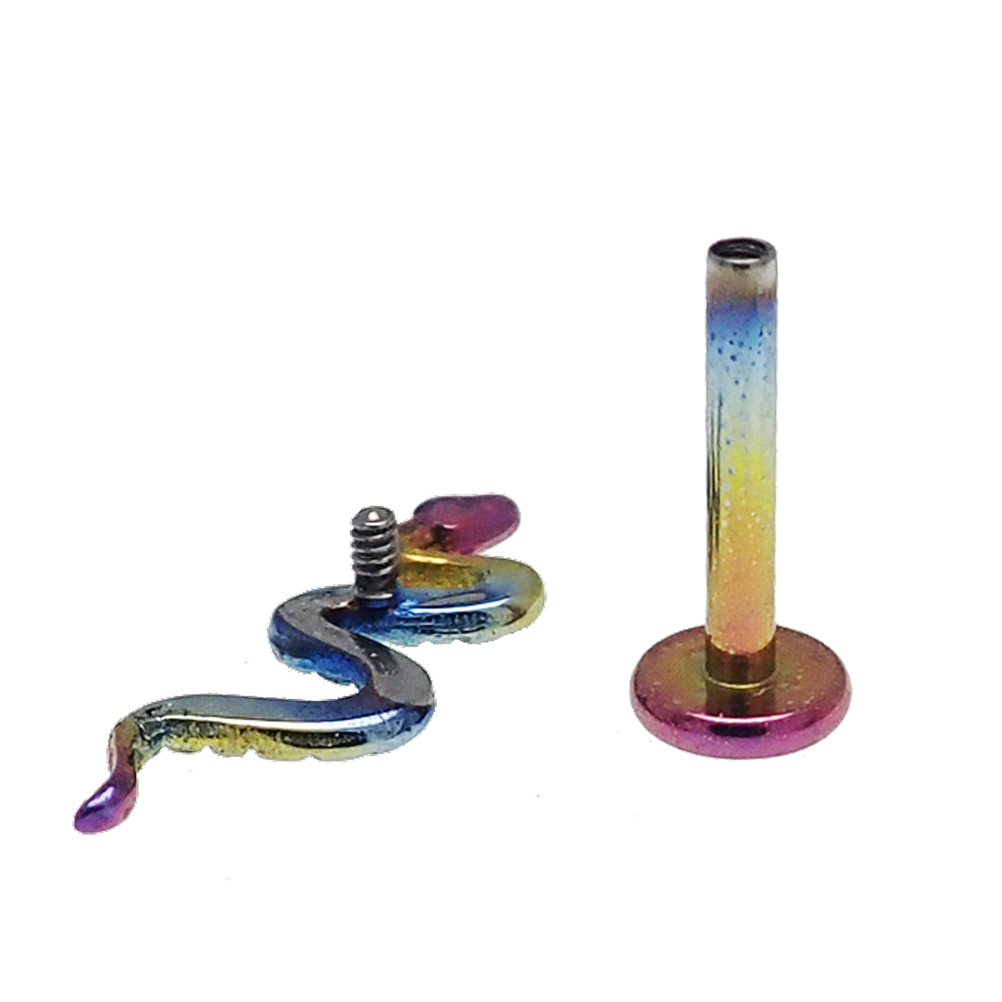 Rainbow-anodized small snake titanium earrings in 14g, 16g, and 18g with a sleek design, ideal for piercing jewelry.