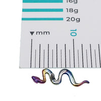 Rainbow anodized small snake titanium earrings in 14g, 16g, and 18g sizes, showcasing vibrant colors and sleek design.