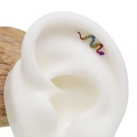 Rainbow anodized small snake titanium earrings in 14g, 16g, and 18g sizes, featuring sleek, curved design for body piercing.