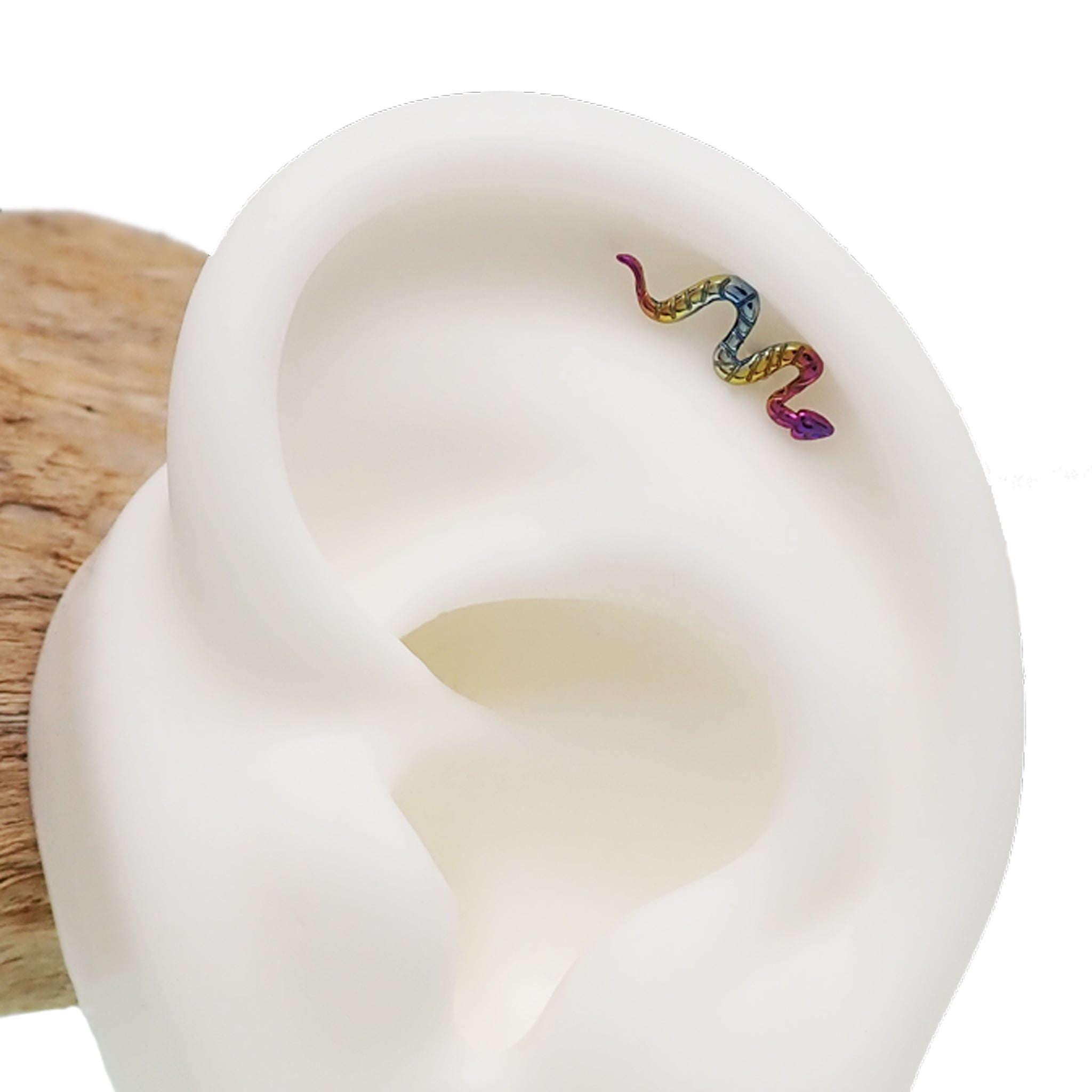 Rainbow anodized small snake titanium earrings in 14g, 16g, and 18g sizes, featuring sleek, curved design for body piercing.