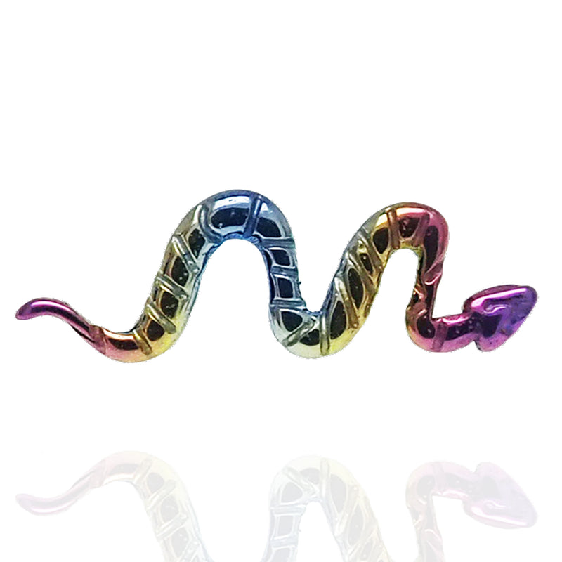 Rainbow-anodized small snake titanium earrings in 14g, 16g, and 18g gauges, featuring a sleek, curved design.
