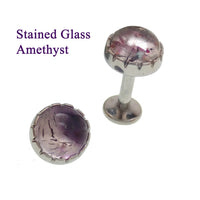 Body Clickers stained glass amethyst implant titanium earrings, 18g internally threaded piercing with vibrant purple gemstone color.