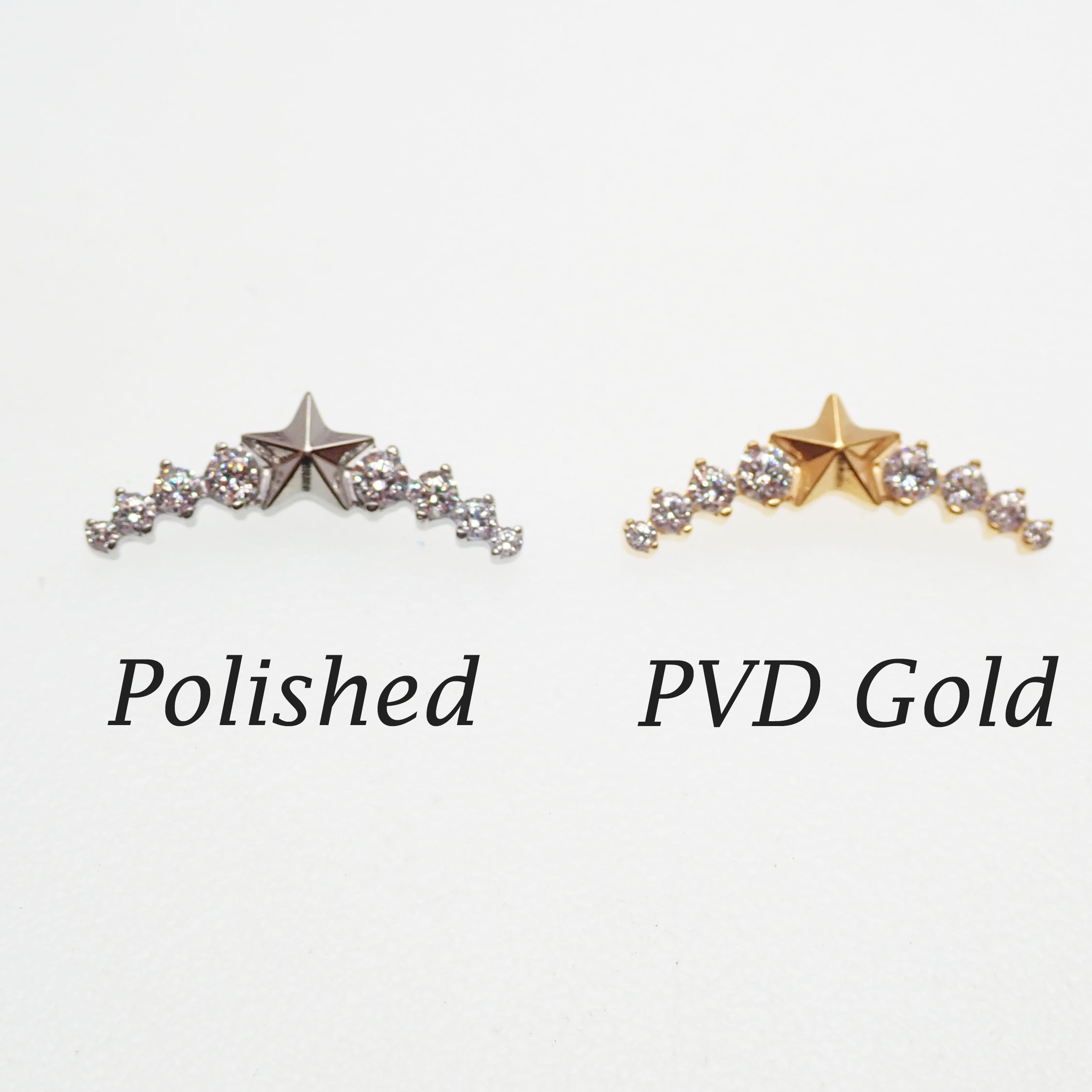 Star CZ helix curve titanium earrings, flatback labret piercings in 14g, 16g, and 18g, designed for ear cartilage piercings.