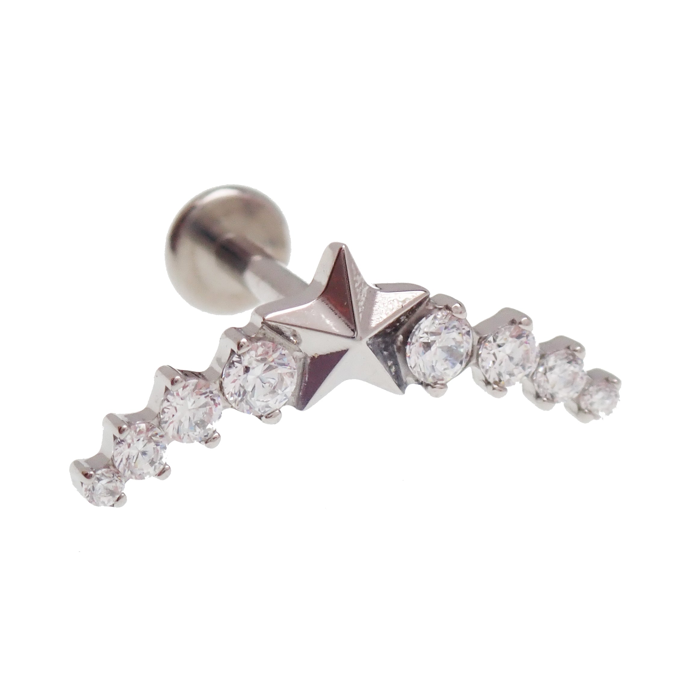 Star CZ helix curve titanium earrings, flatback labret piercings in 14g, 16g, and 18g, shown in multiple sizes.