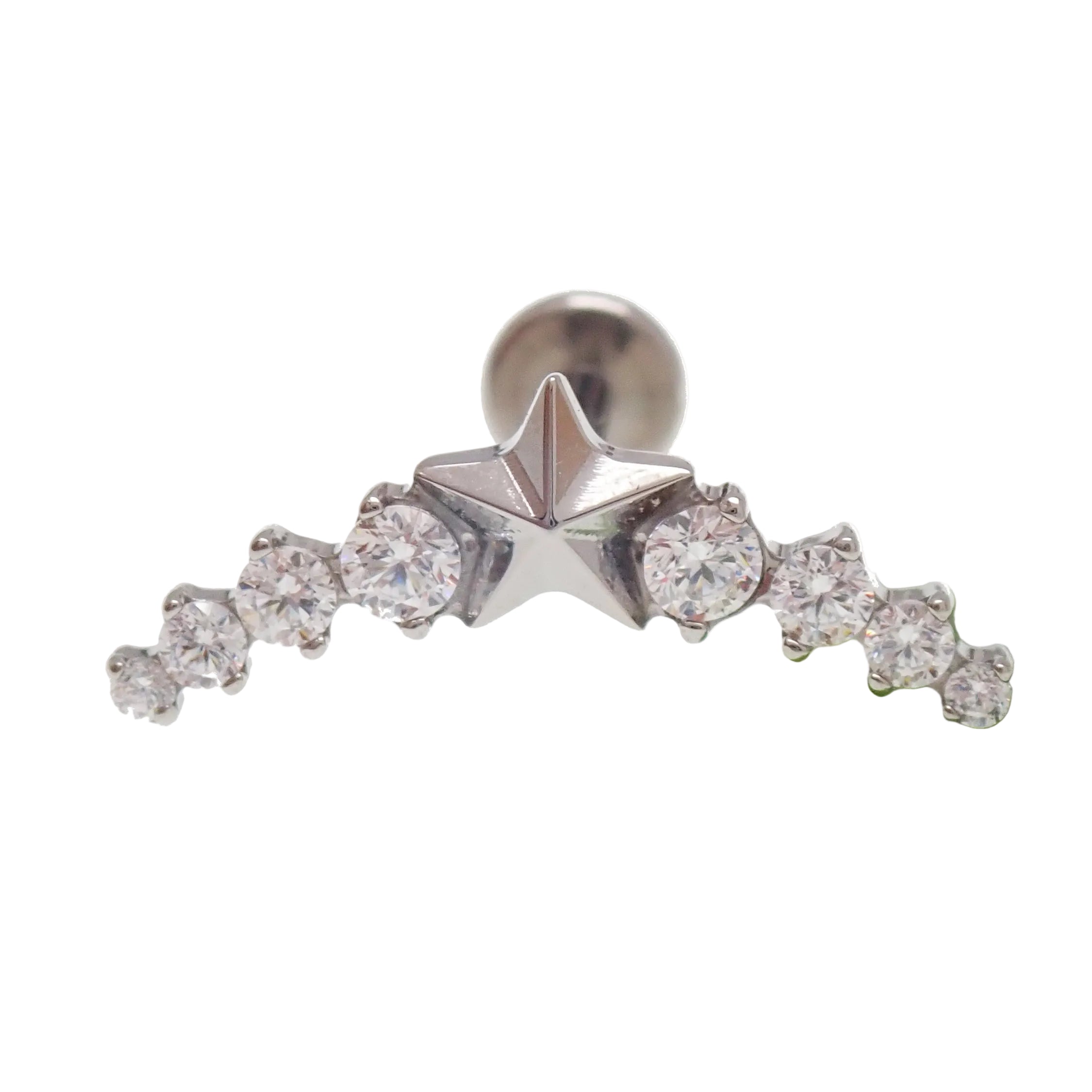 Star CZ helix curve titanium flatback labret earrings in 14g, 16g, and 18g with star-shaped CZ embellishments.