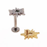 Starburst titanium flatback labret piercing earrings in 14g, 16g, and 18g with internally threaded design, by Body Clickers.