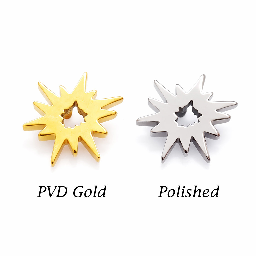 Starburst titanium flatback labret piercing earrings in 14g, 16g, and 18g with internal threading and 6mm size.