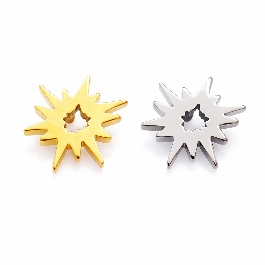 Starburst titanium flatback labret piercing earrings in 14g, 16g, and 18g with internally threaded design.