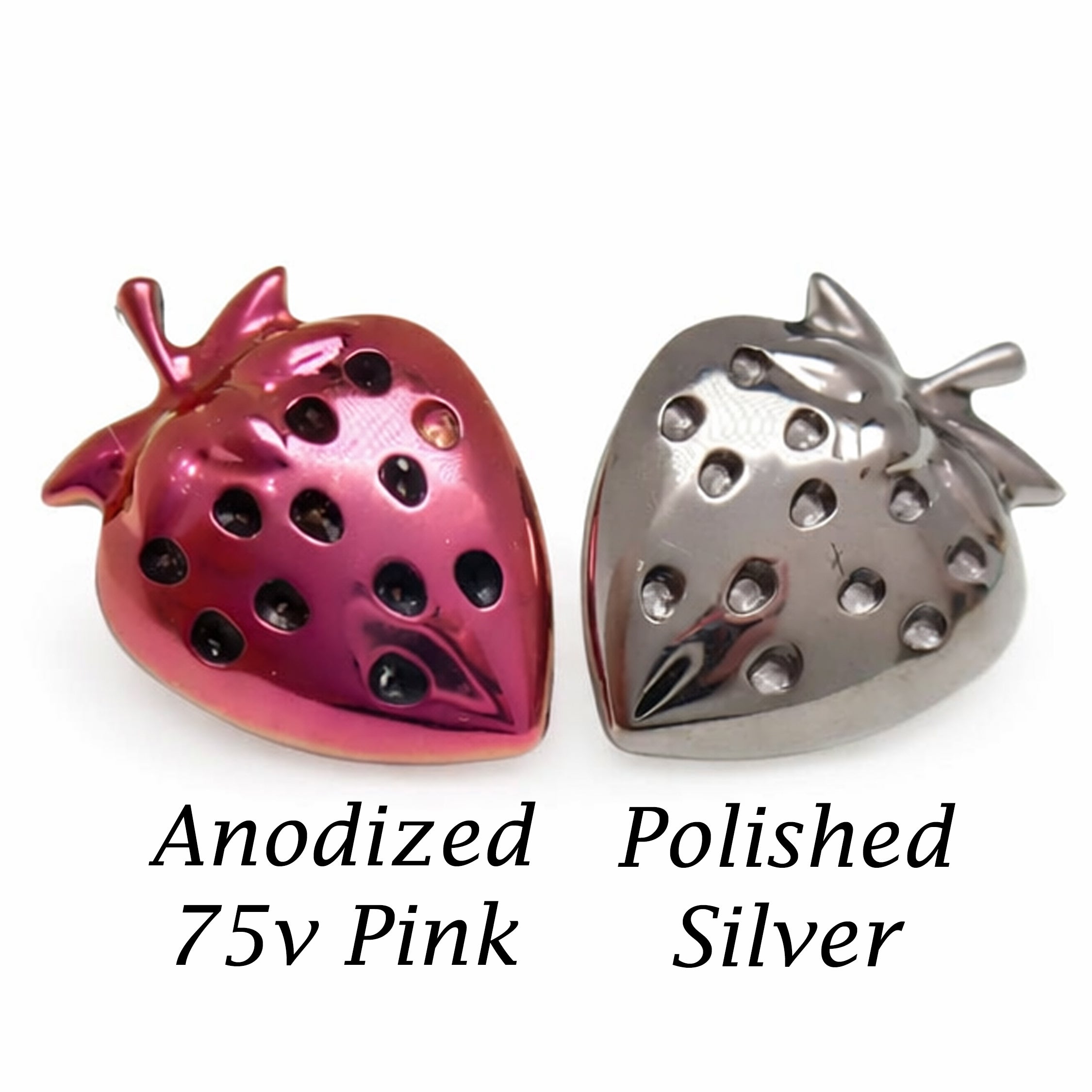 Strawberry titanium flatback labret piercing earrings in 14g, 16g, 18g with a sleek, colorful design for body jewelry.
