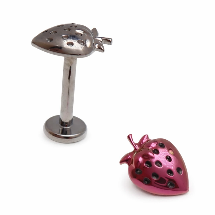 Strawberry titanium flatback labret piercing earrings in 14g, 16g, 18g with a smooth flat back, by Body Clickers.