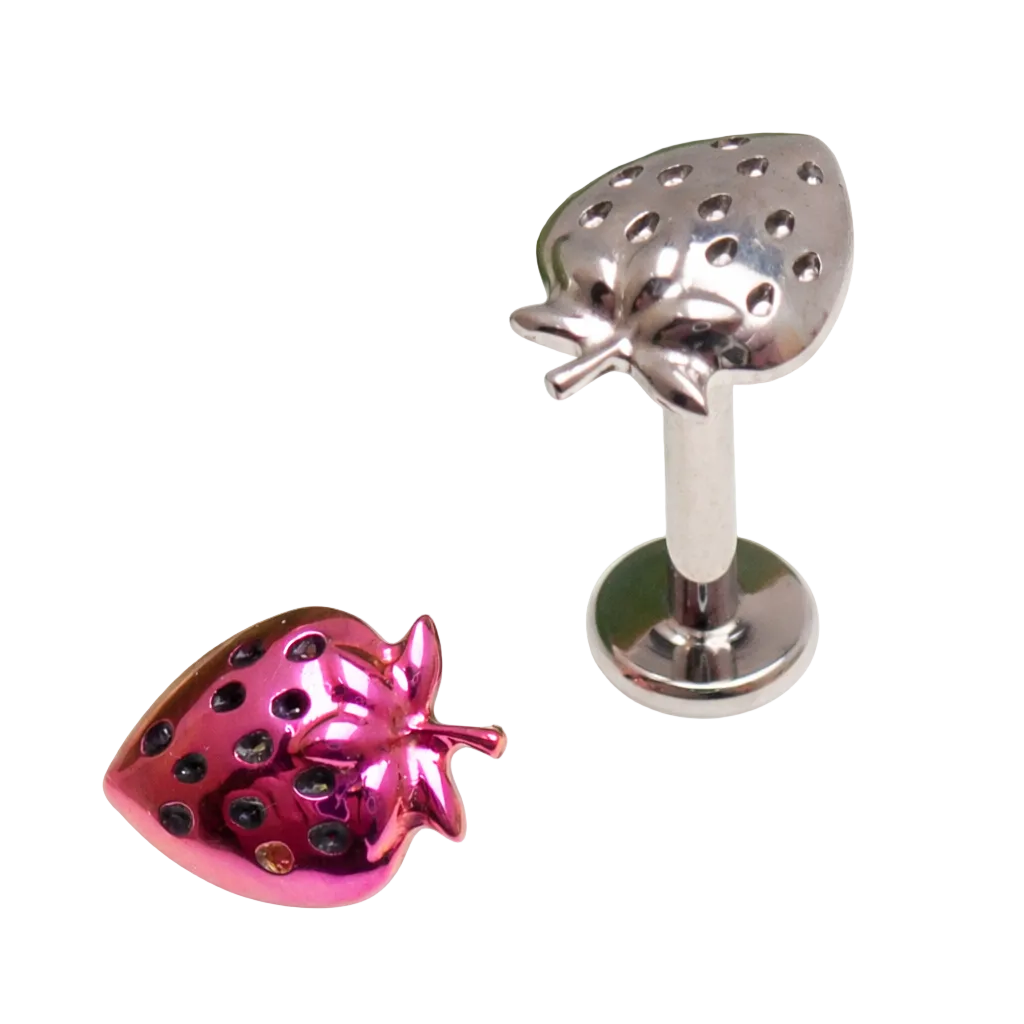 Strawberry titanium flatback labret piercing earrings in 14g, 16g, and 18g by Body Clickers, with smooth round design.