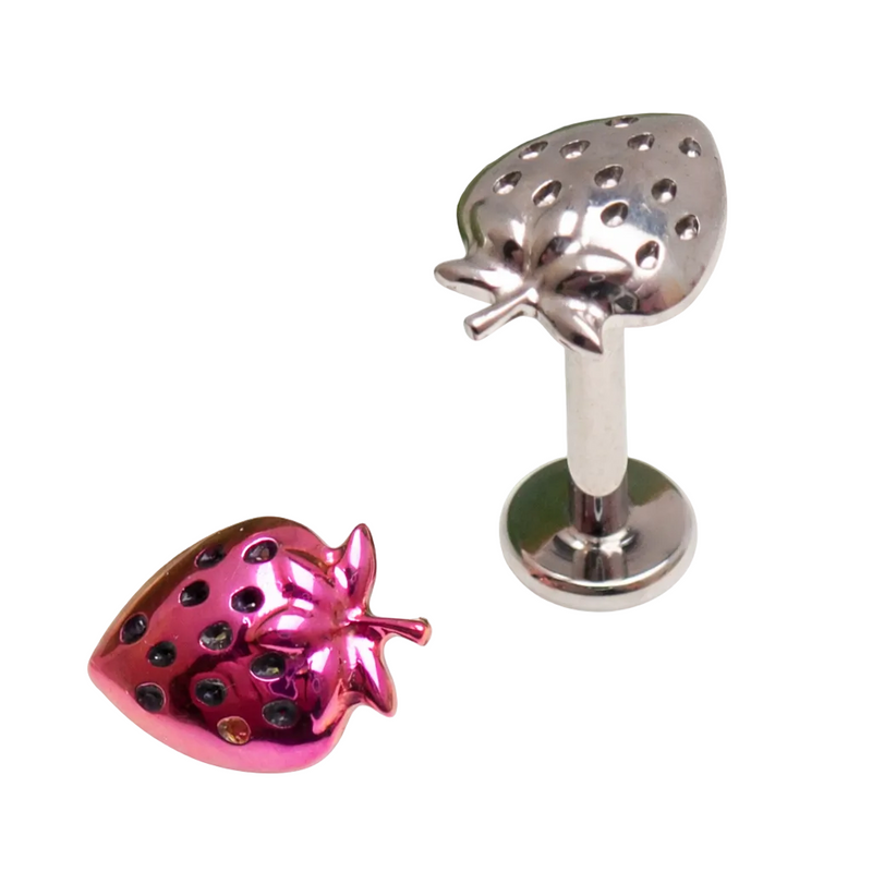 Strawberry titanium flatback labret piercing earrings in 14g, 16g, and 18g by Body Clickers, with smooth round design.