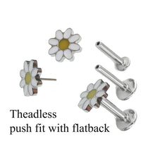 Daisy Fit titanium flatback piercing earrings in 20g, 18g, 16g, 14g with floral design, from Body Clickers.