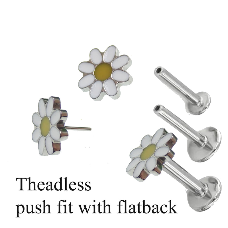 Daisy Fit titanium flatback piercing earrings in 20g, 18g, 16g, 14g with floral design, from Body Clickers.