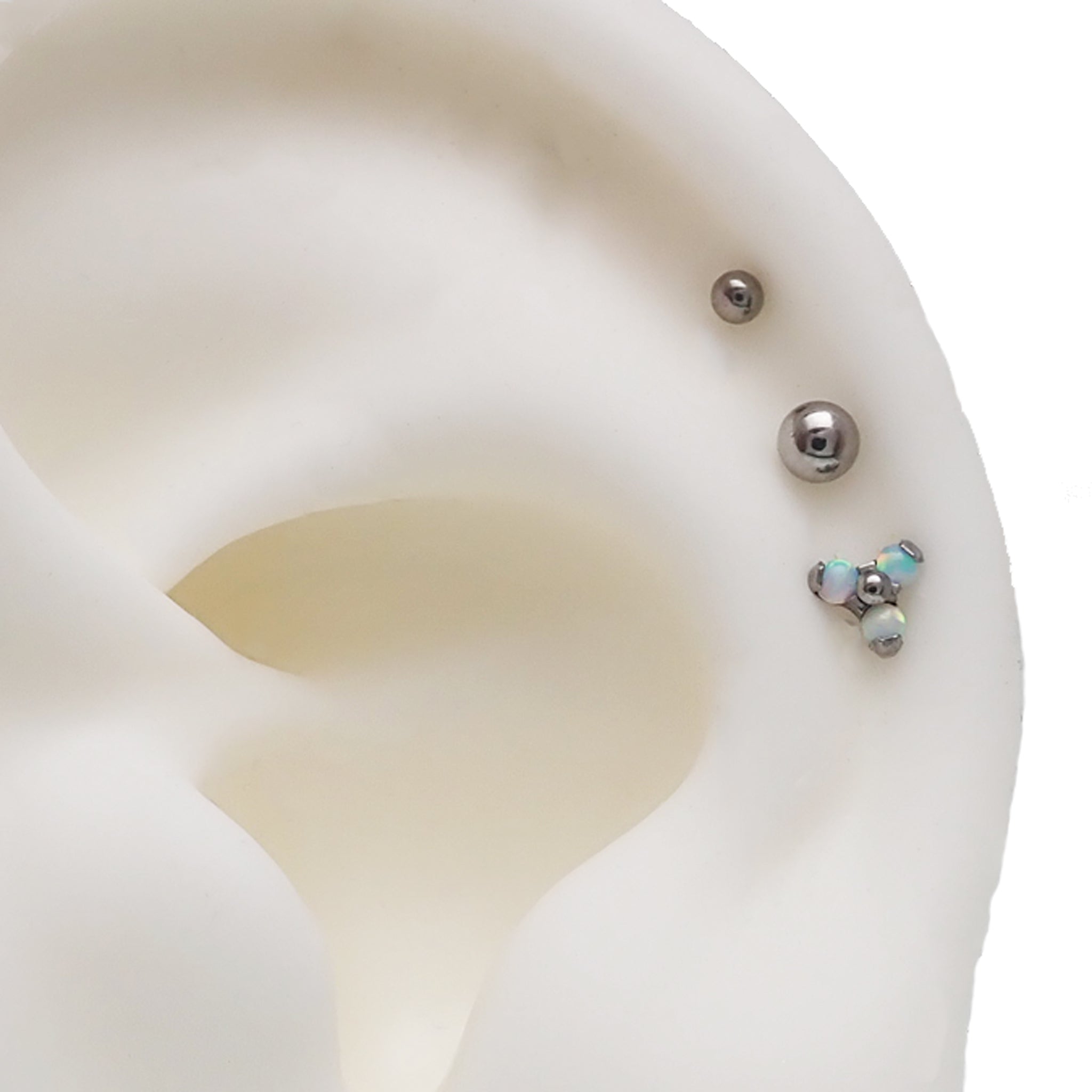 Push Fit Trio Opalite White & Titanium Balls flatback earrings in 14g, 16g, 18g, and 20g with modern design by Body Clickers.