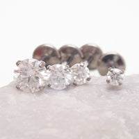Body Clickers moissanite implant titanium flatback piercing earrings in 18g, 16g, 14g with 0.9mm internal thread, 6mm size.