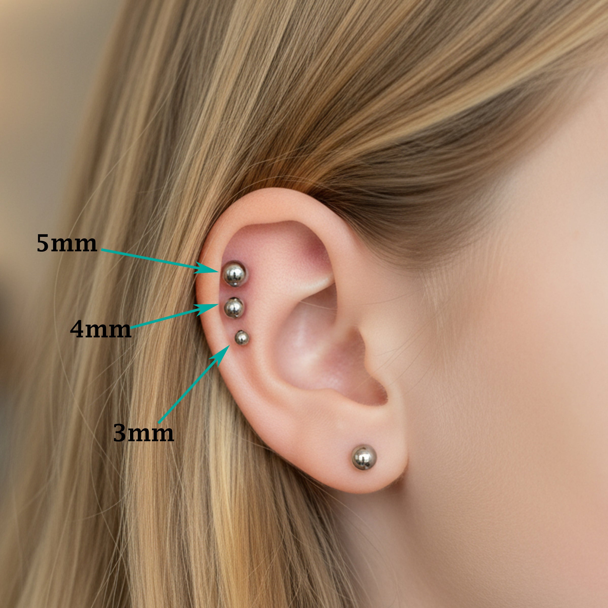Body Clickers titanium implant earrings with 3mm flatback push fit design in 20g, 18g, 16g, and 14g sizes for ear piercing.