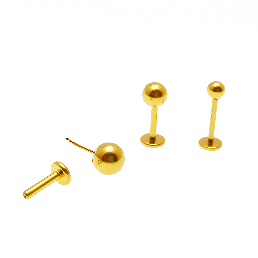 Body Clickers titanium flatback earrings in 20g, 18g, 16g, 14g sizes with push-fit design for implant piercing.