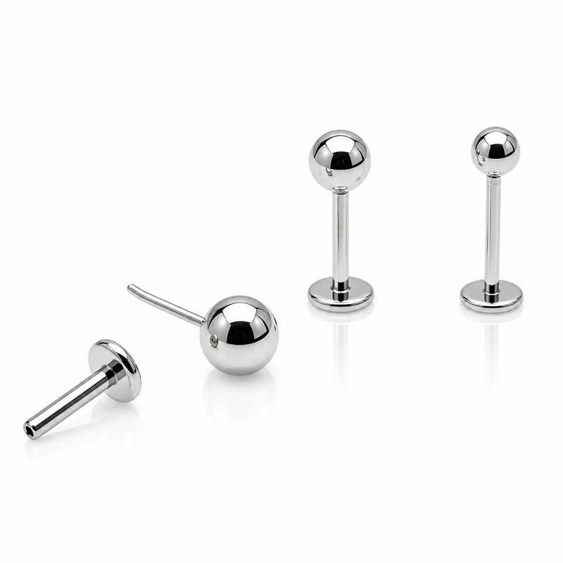 Push Fit Implant Titanium flatback earrings in 20g, 18g, 16g, 14g sizes by Body Clickers, shown on a white background.