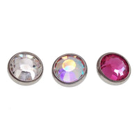 Body Clickers titanium flatback piercing earrings with clear CZ, cerise, AB rainbow colors in 14g, 16g, and 18g sizes.