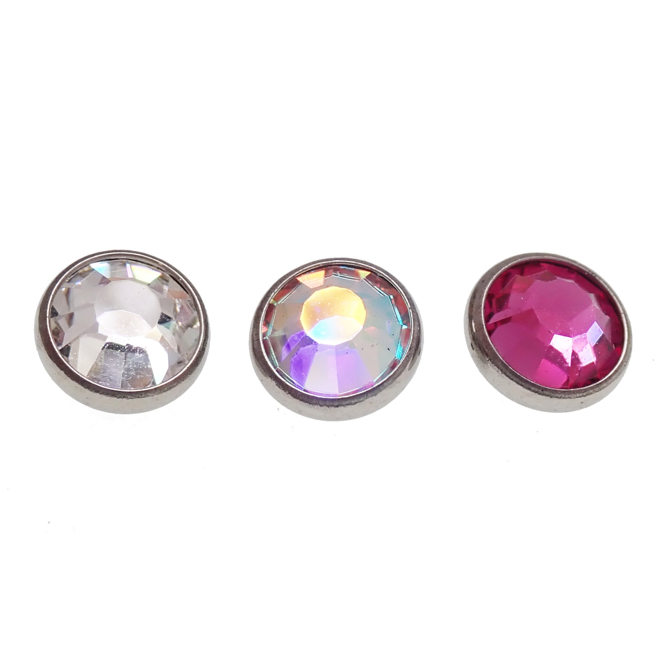 Body Clickers titanium flatback piercing earrings with clear CZ, cerise, AB rainbow colors in 14g, 16g, and 18g sizes.