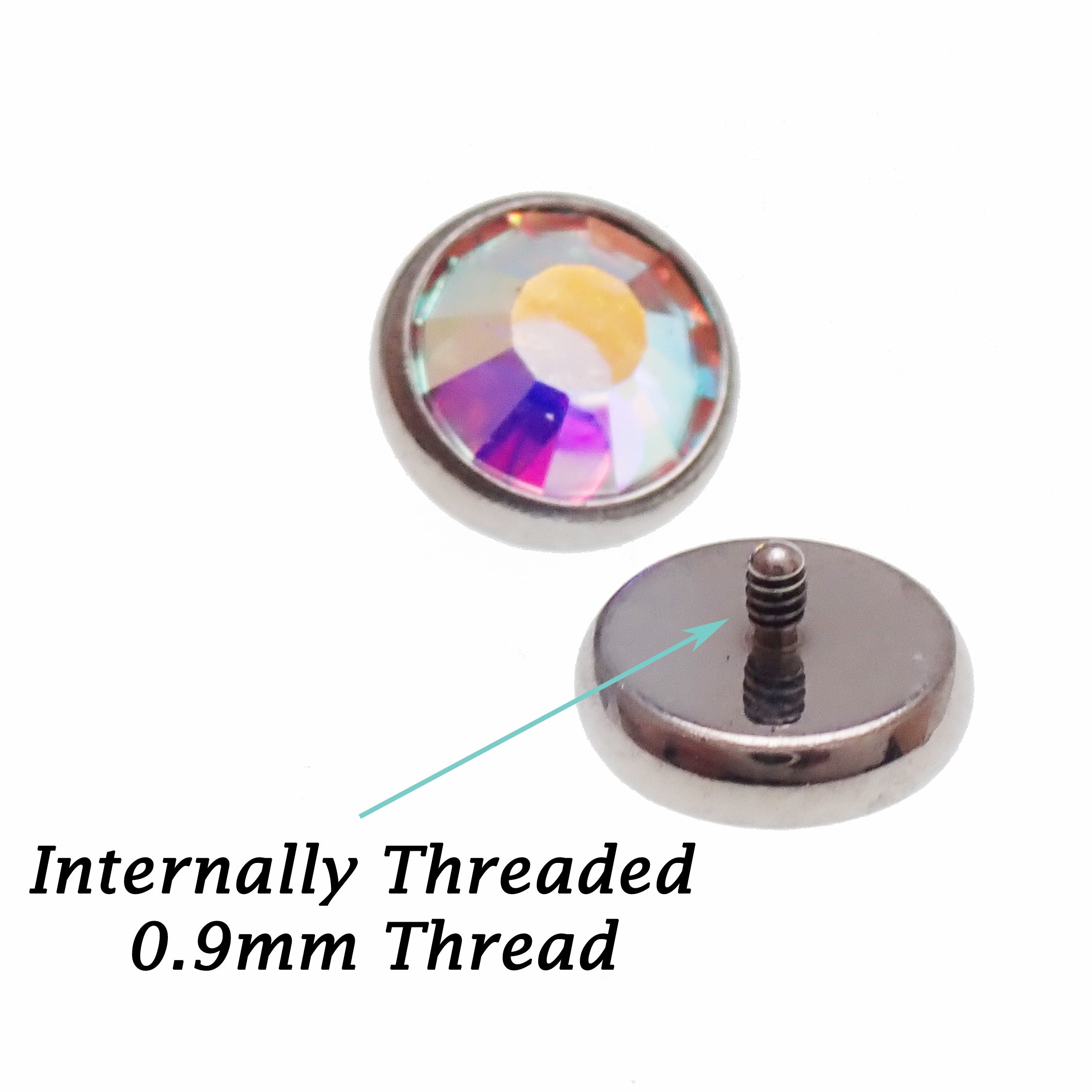 Body Clickers titanium flatback earrings with clear CZ and cerise AB rainbow internal threading in 14g, 16g, and 18g sizes.