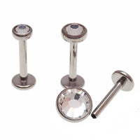 Clear CZ and cerise AB rainbow internally threaded implant titanium flatback earrings in 14g, 16g, and 18g sizes.