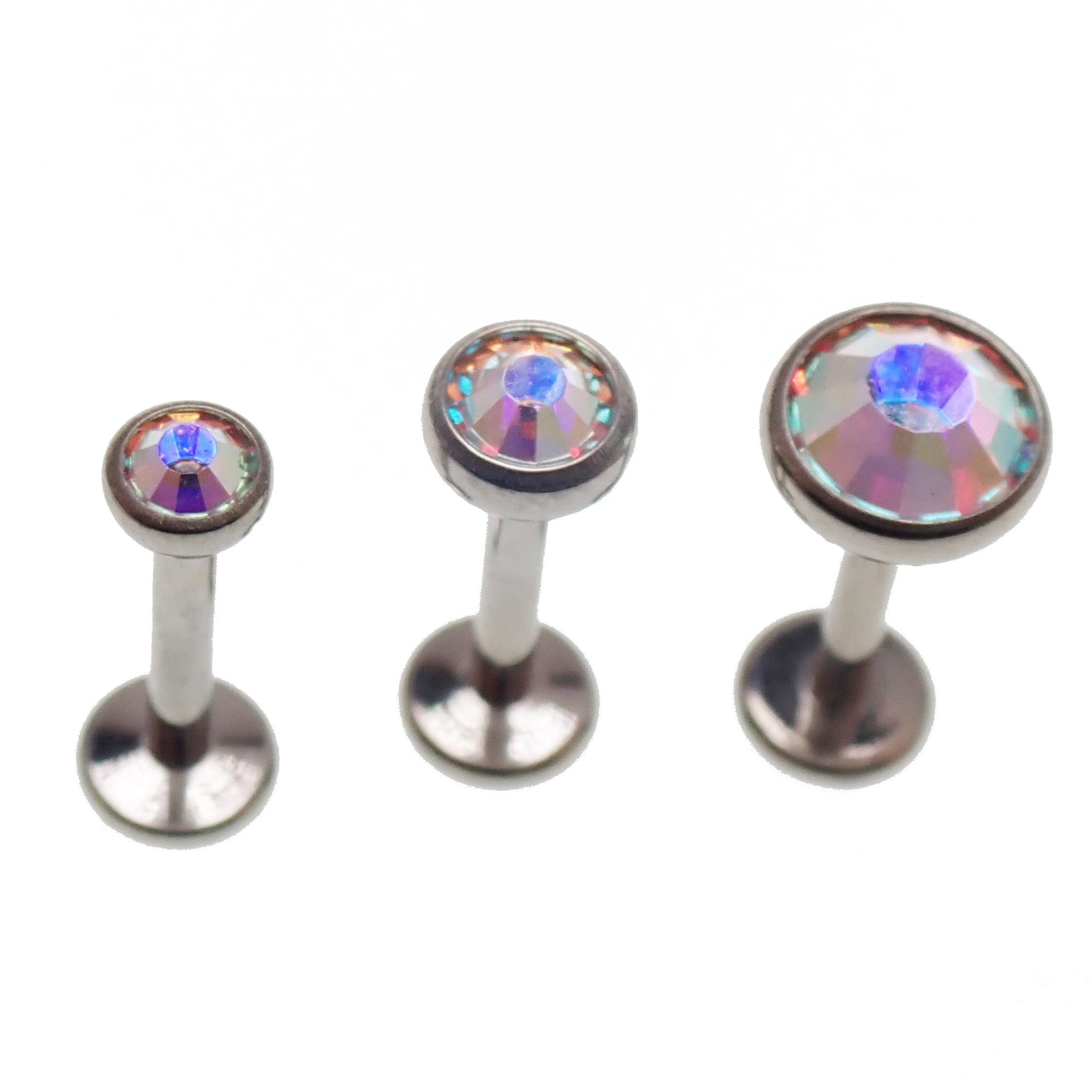 Body Clickers earrings with clear CZ, cerise, and AB rainbow colors, 18g, 16g, or 14g internally threaded titanium flatback piercing