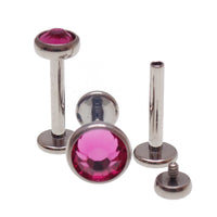 Body Clickers clear CZ and cerise AB rainbow internally threaded titanium earrings in 14g, 16g, and 18g with flatback design.