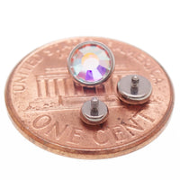 Body Clickers implant titanium earrings with clear CZ, cerise, AB rainbow colors, 3mm flatback, available in 14g, 16g, and 18g.