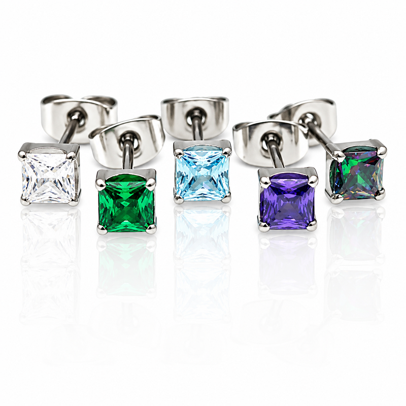 Pair of square CZ titanium earrings by Body Clickers featuring amethyst stones, stylish and lightweight jewelry for pierced ears.