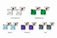 Pair of square-shaped titanium earrings with purple cubic zirconia stones by Body Clickers, showcasing elegant jewelry design.