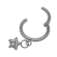 Clear CZ dangle star titanium hoop earring, 8mm diameter, 16g gauge, from Body Clickers, showcasing the stylish design and sparkle.