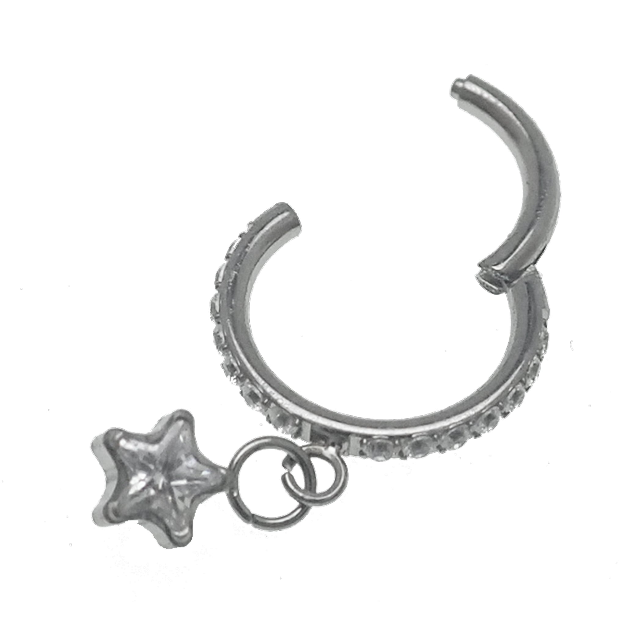 Clear CZ dangle star titanium hoop earring, 8mm diameter, 16g gauge, from Body Clickers, showcasing the stylish design and sparkle.