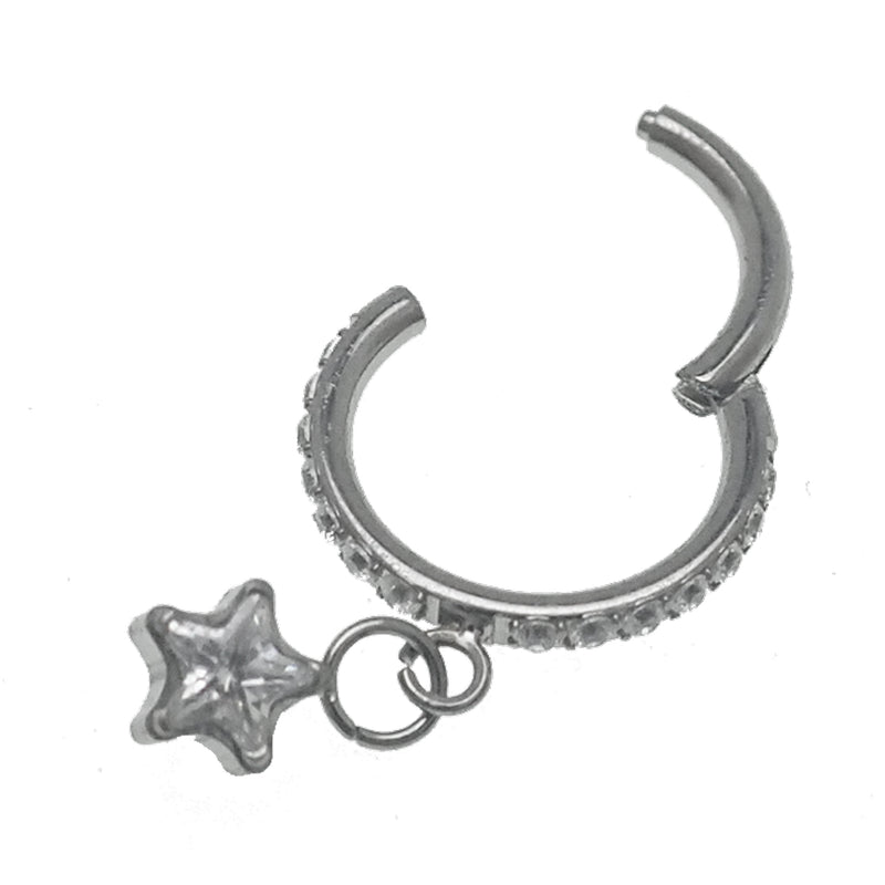 Clear CZ dangle star titanium hoop earring, 8mm diameter, 16g gauge, from Body Clickers, showcasing the stylish design and sparkle.